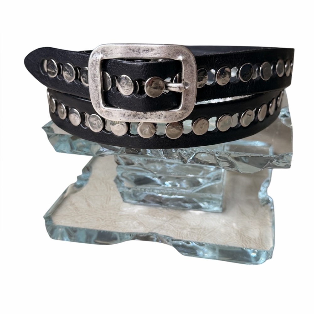 Black Studded Leather Belt with Silver Buckle - Picture 6 of 10
